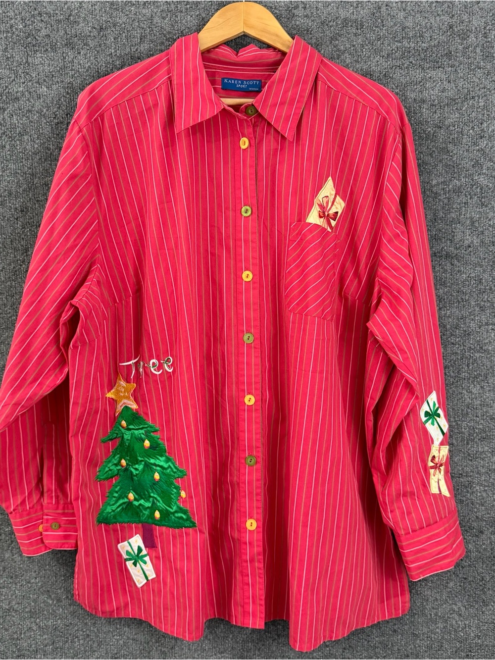 Vintage Karen Scott Womens 3X Holiday Button Up Top Red Long Sleeve Christmas